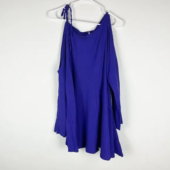FREE PEOPLE Sz XS CLEAR SKIES ASYMMETRIC HEM COLD SHOULDER TUNIC VIOLET … - Picture 2 of 6